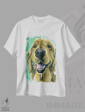 تیشرت سفید طرح دار گلدن رتریور روی زمینه سبز، دکور معاصر اثر هیپی هاوند استودیوز | immage.ir
