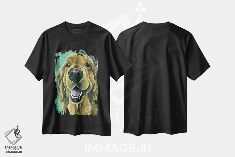 تیشرت مشکی طرح دار گلدن رتریور روی زمینه سبز، دکور معاصر اثر هیپی هاوند استودیوز | فروشگاه ایماژ