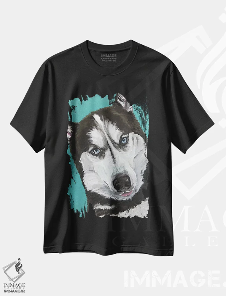 تیشرت مشکی طرح دار هاسکی روی زمینه آبی دریایی، مدیوم اثر هیپی هاوند استودیوز | فروشگاه ایماژ