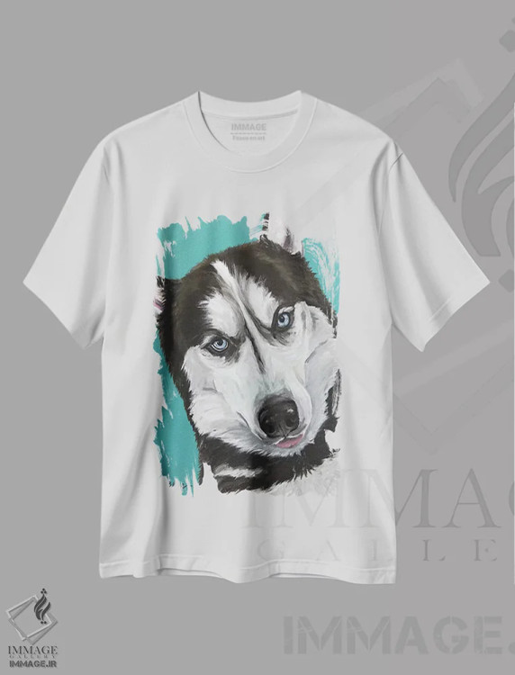 تیشرت سفید طرح دار هاسکی روی زمینه آبی دریایی، مدیوم اثر هیپی هاوند استودیوز | immage.ir