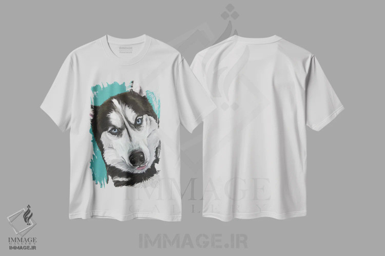 تیشرت سفید طرح دار هاسکی روی زمینه آبی دریایی، مدیوم اثر هیپی هاوند استودیوز | immage.ir