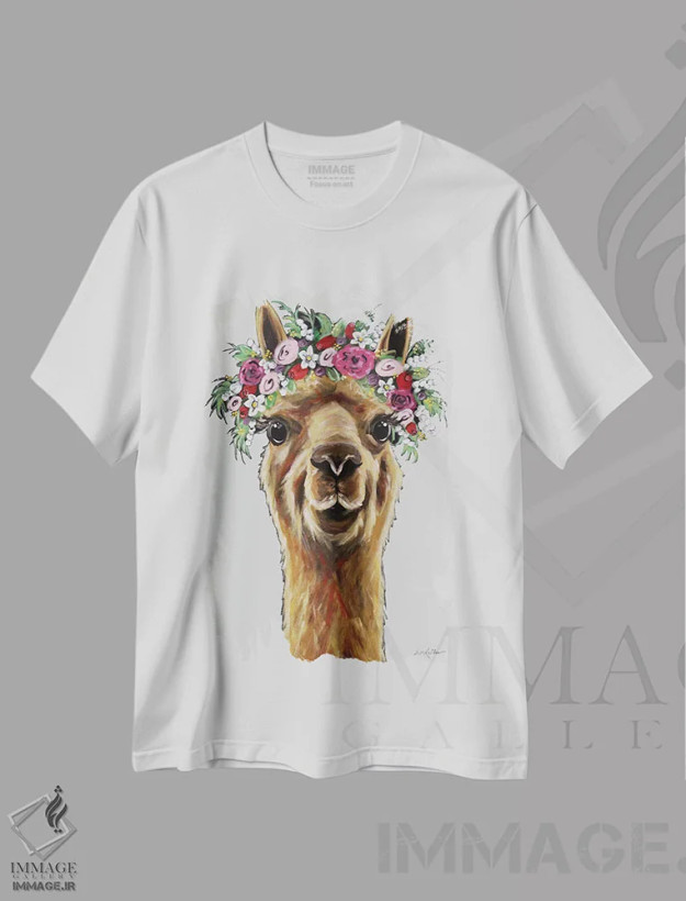 تیشرت سفید طرح دار فیونا آلپاکا با تاج گل روی خاکستری، تزئینی اثر هیپی هاوند استودیوز | فروشگاه ایماژ
