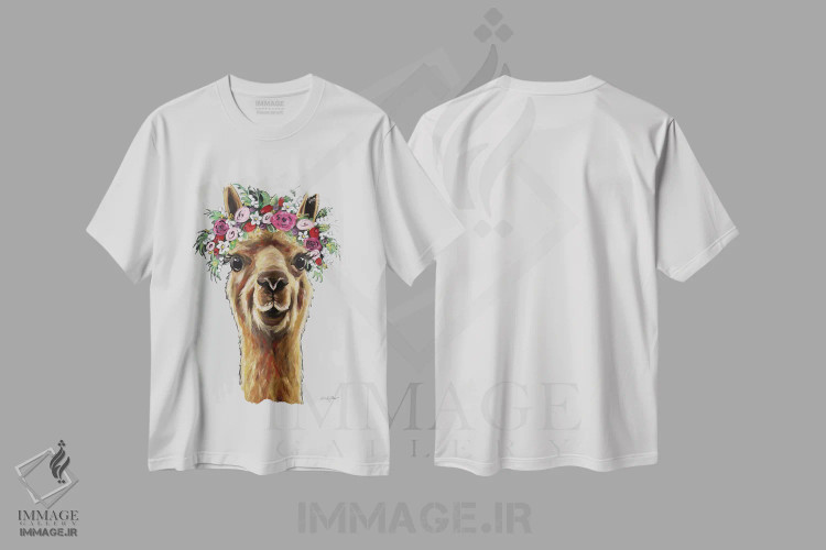 تیشرت سفید طرح دار فیونا آلپاکا با تاج گل روی خاکستری، تزئینی اثر هیپی هاوند استودیوز | فروشگاه ایماژ