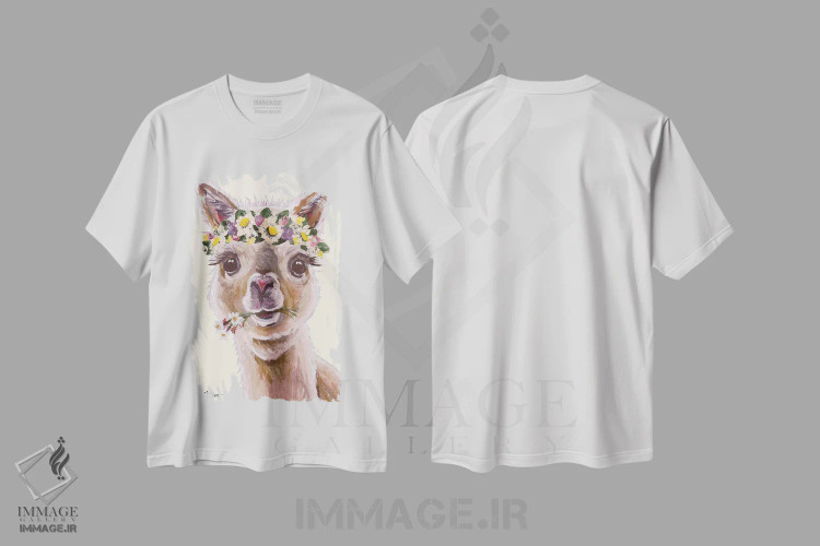 تیشرت سفید طرح دار آلپاکا با تاج گل روی زمینه هلویی، مدیوم اثر هیپی هاوند استودیوز | فروشگاه ایماژ