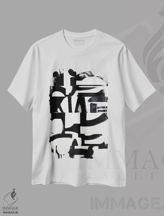 تیشرت سفید طرح دار عناصر پر رونق V10، آبستره اثر رندی هبرد | immage.ir