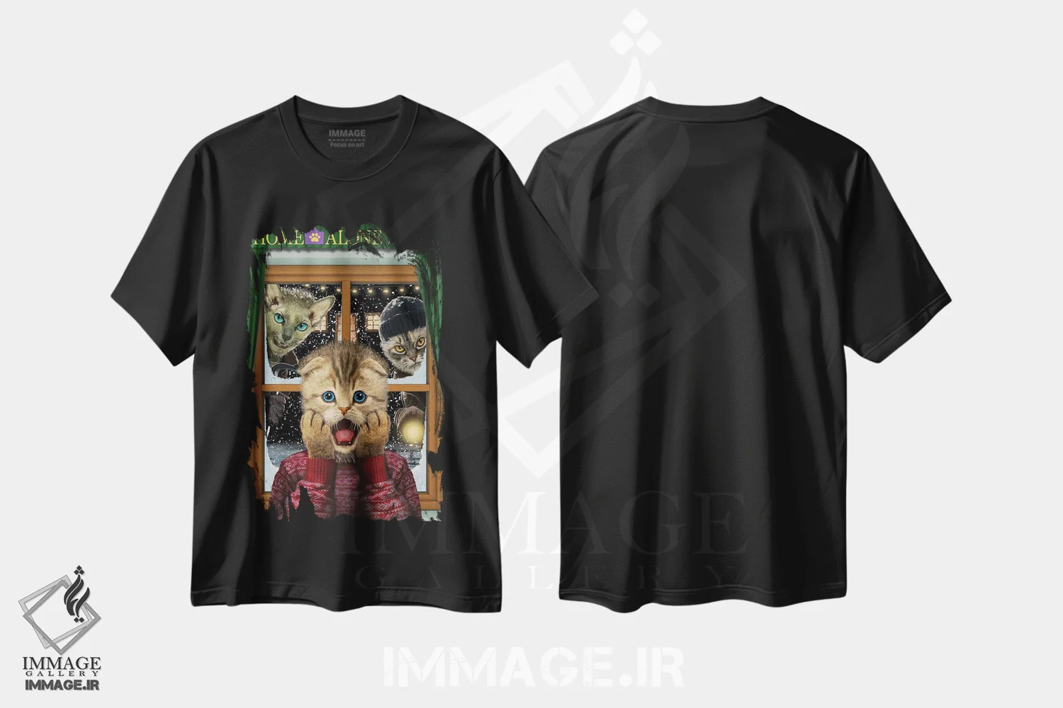تیشرت مشکی طرح دار بچه گربه تنها در خانه، هنر دیجیتال اثر وینسنت های | فروشگاه ایماژ
