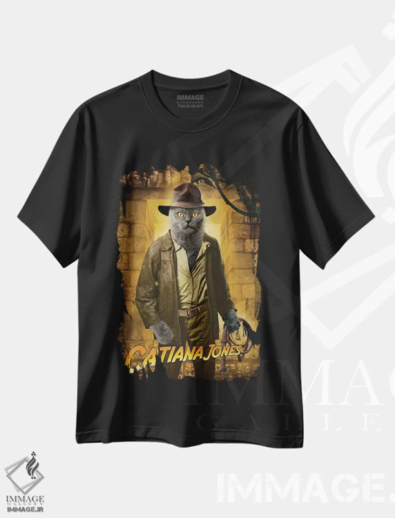 تیشرت مشکی طرح دار گربه ایندیانا جونز، هنر دیجیتال اثر وینسنت های | immage.ir