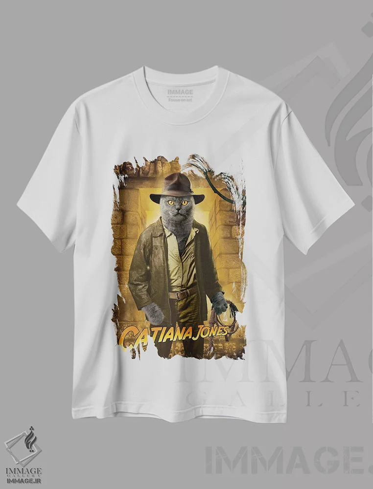 تیشرت سفید طرح دار گربه ایندیانا جونز، هنر دیجیتال اثر وینسنت های | فروشگاه ایماژ