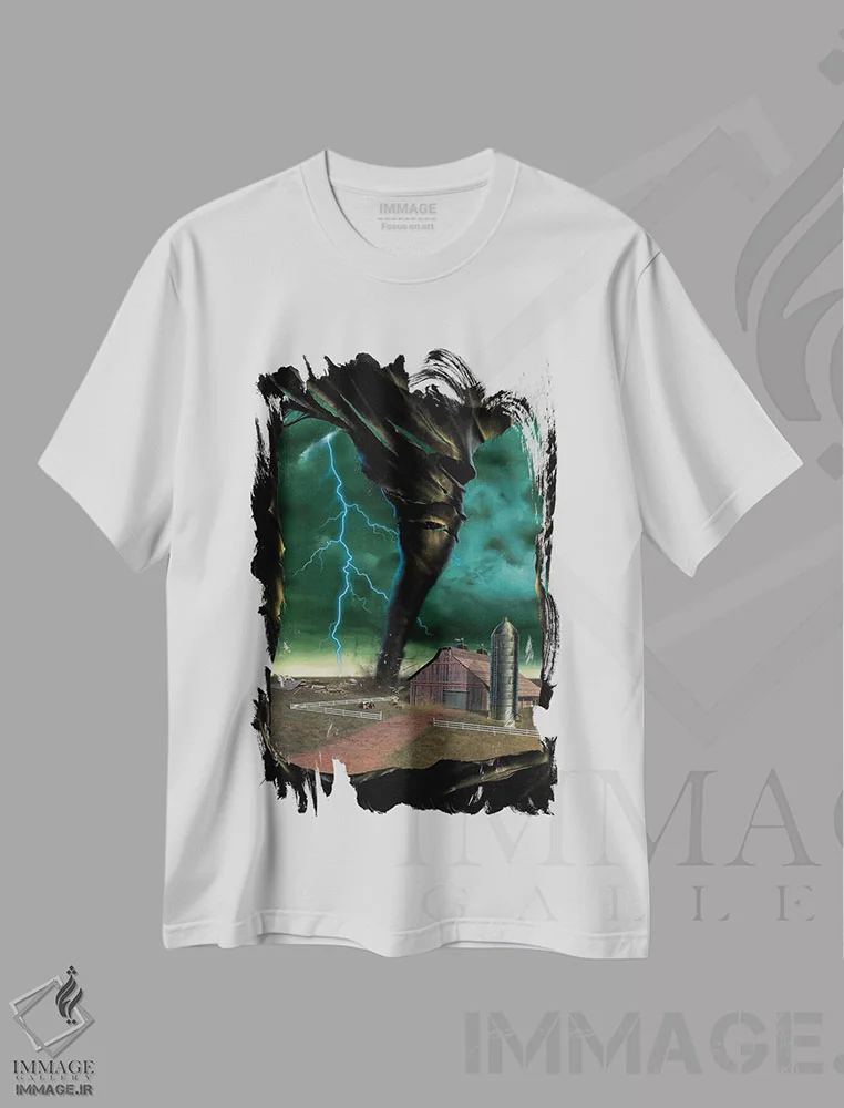 تیشرت سفید طرح دار برخورد گردباد، تزئینی اثر وینسنت های | فروشگاه ایماژ