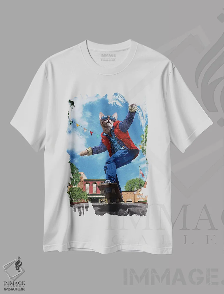 تیشرت سفید طرح دار گربه به آینده، تزئینی اثر وینسنت های | فروشگاه ایماژ