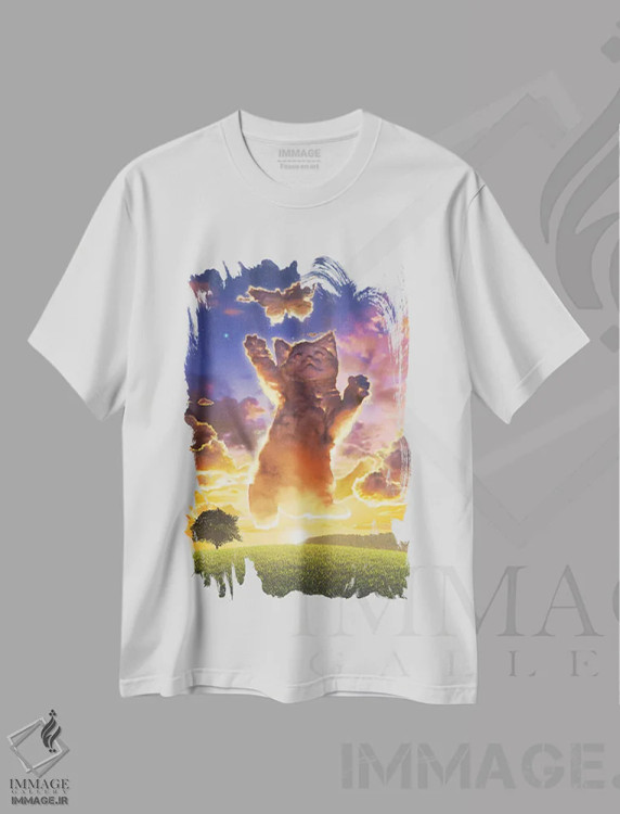 تیشرت سفید طرح دار غروب بچه گربه ابری، تزئینی اثر وینسنت های | فروشگاه ایماژ