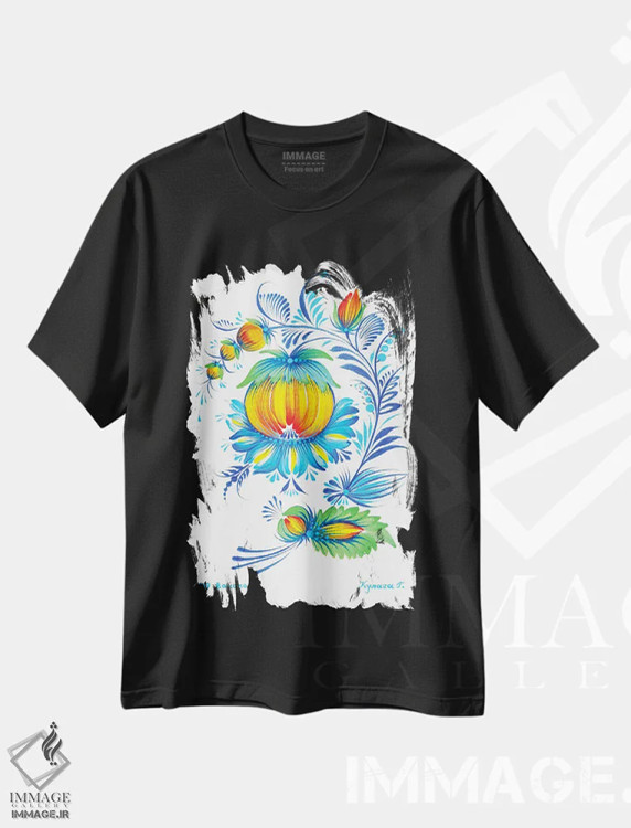 تیشرت مشکی طرح دار گل زرد و آبی، تزئینی اثر هالینا کولگا | فروشگاه ایماژ