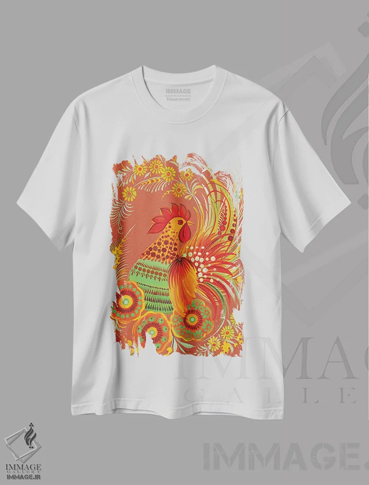 تیشرت سفید طرح دار خروس شاد، دکور روستایی اثر هالینا کولگا | immage.ir