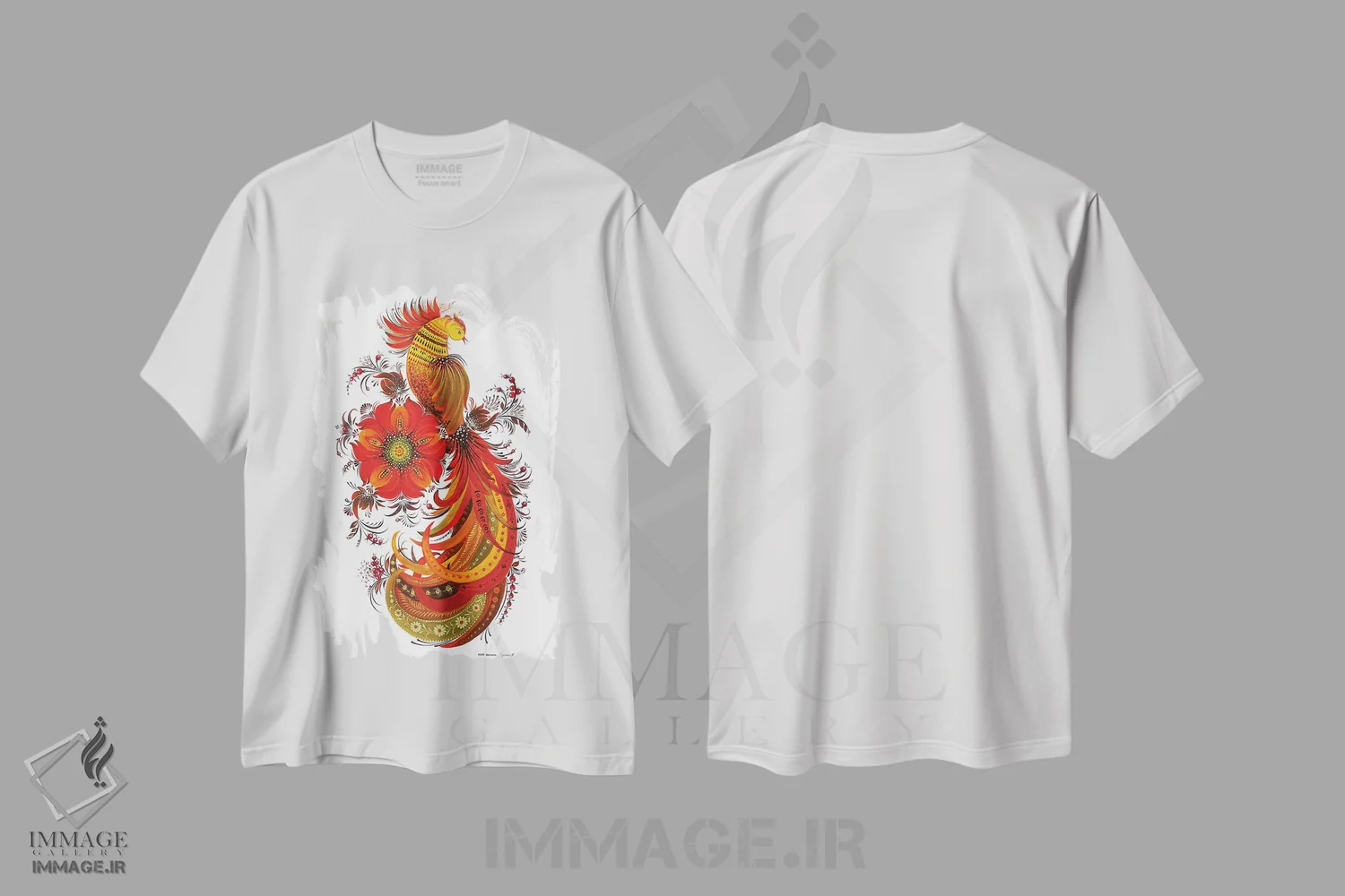 تیشرت سفید طرح دار پرندهٔ آتشین، تزئینی اثر هالینا کولگا | فروشگاه ایماژ