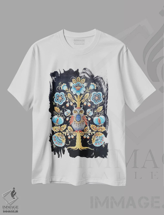 تیشرت سفید طرح دار جغد روی درخت، دکور بوهمی اثر هالینا کولگا | فروشگاه ایماژ