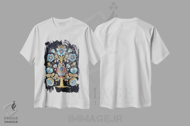 تیشرت سفید طرح دار جغد روی درخت، دکور بوهمی اثر هالینا کولگا | فروشگاه ایماژ