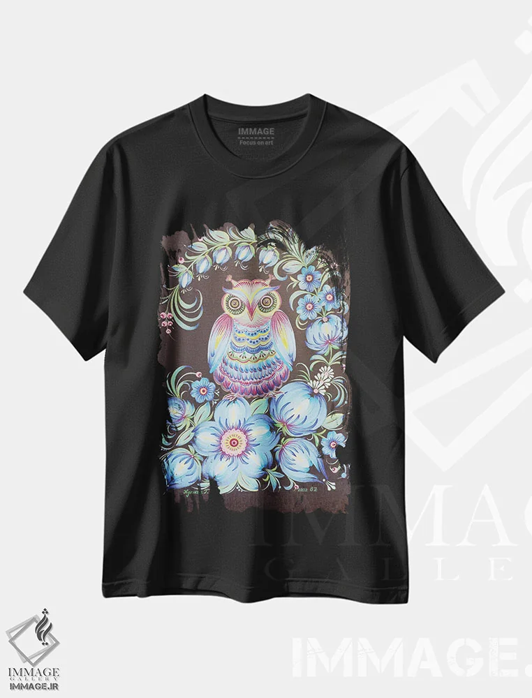 تیشرت مشکی طرح دار جغد آبی، تزئینی اثر هالینا کولگا | فروشگاه ایماژ