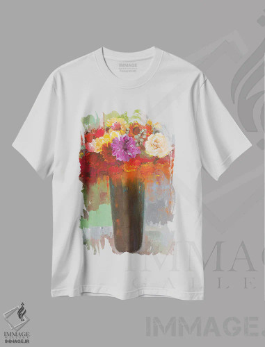 تیشرت سفید طرح دار لمس رنگ سرخابی، دکور معاصر اثر هوشنگ خراسانی | فروشگاه ایماژ