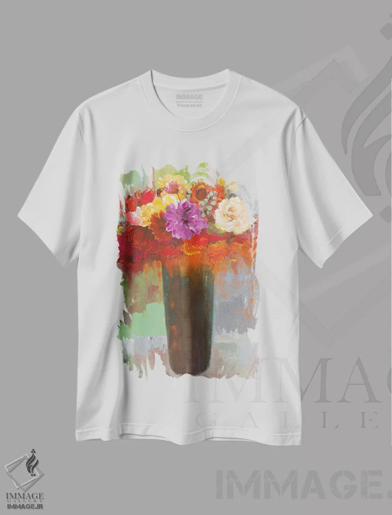 تیشرت سفید طرح دار لمس رنگ سرخابی، دکور معاصر اثر هوشنگ خراسانی | فروشگاه ایماژ