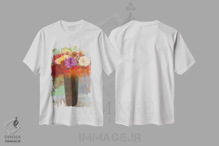 تیشرت سفید طرح دار لمس رنگ سرخابی، دکور معاصر اثر هوشنگ خراسانی | فروشگاه ایماژ
