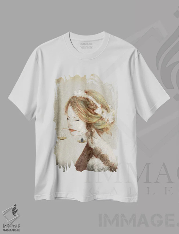 تیشرت سفید طرح دار تعادل بژ، دکوراسیون جایگزین اثر هیرویوشی کوراوا | فروشگاه ایماژ