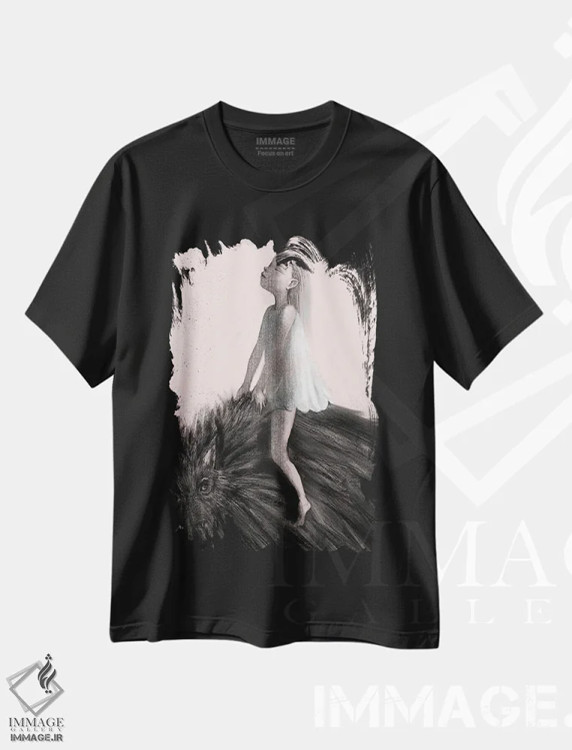 تیشرت مشکی طرح دار زغال سنگسواری بر گرگ، دکوراسیون جایگزین اثر هیرویوشی کوراوا | فروشگاه ایماژ