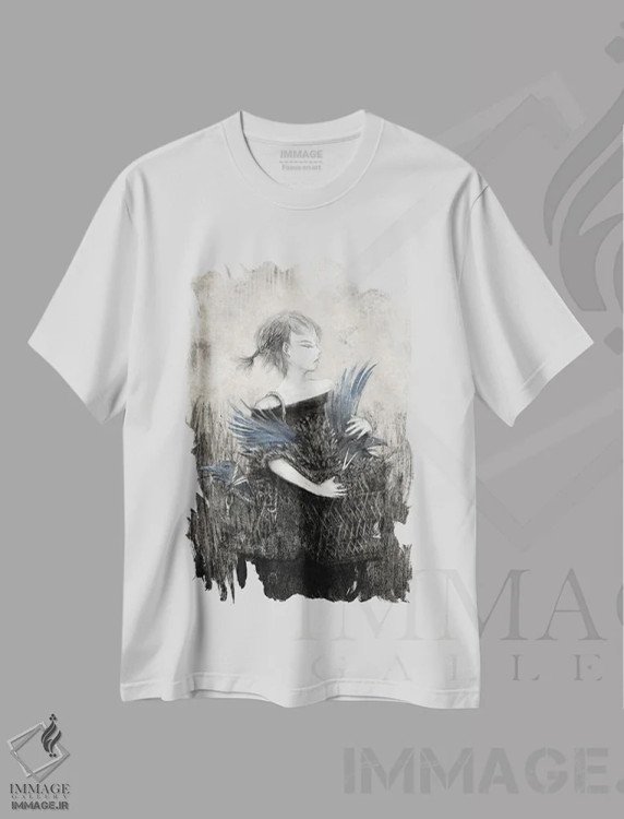 تیشرت سفید طرح دار زغال سنگسبد کلاغ، دکوراسیون جایگزین اثر هیرویوشی کوراوا | فروشگاه ایماژ