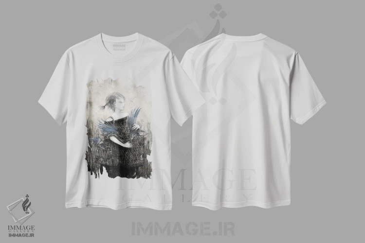 تیشرت سفید طرح دار زغال سنگسبد کلاغ، دکوراسیون جایگزین اثر هیرویوشی کوراوا | فروشگاه ایماژ