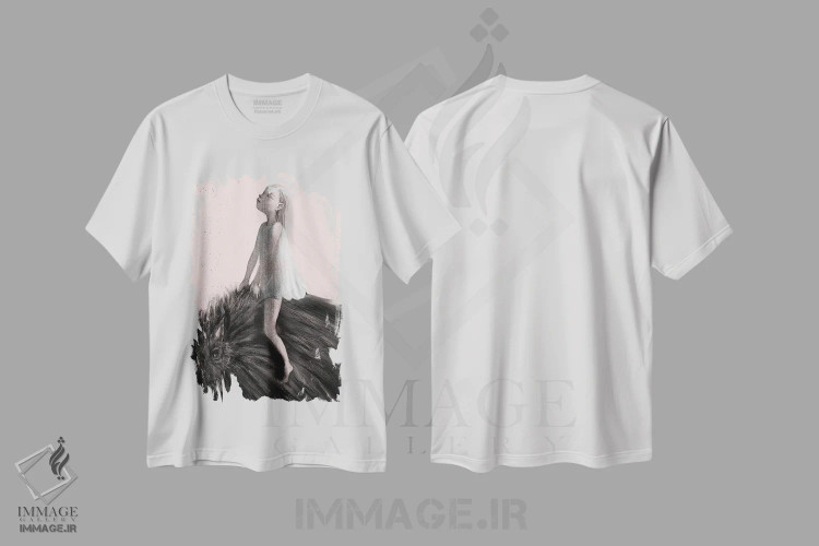 تیشرت سفید طرح دار زغال سنگسواری بر گرگ، دکوراسیون جایگزین اثر هیرویوشی کوراوا | immage.ir