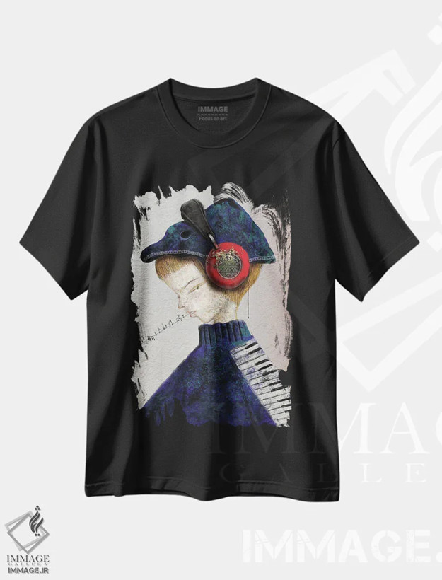 تیشرت مشکی طرح دار موسیقی نیلی، دکوراسیون جایگزین اثر هیرویوشی کوراوا | فروشگاه ایماژ