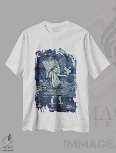 تیشرت سفید طرح دار کشتی شبانه نیلی، دکوراسیون جایگزین اثر هیرویوشی کوراوا | فروشگاه ایماژ