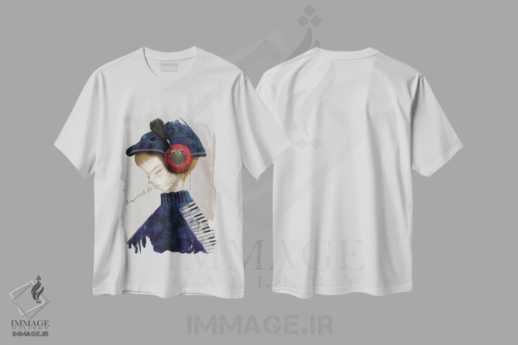 تیشرت سفید طرح دار موسیقی نیلی، دکوراسیون جایگزین اثر هیرویوشی کوراوا | immage.ir