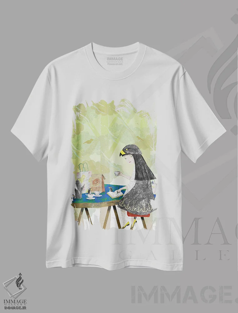تیشرت سفید طرح دار کافه پرنده برگ، دکوراسیون جایگزین اثر هیرویوشی کوراوا | فروشگاه ایماژ