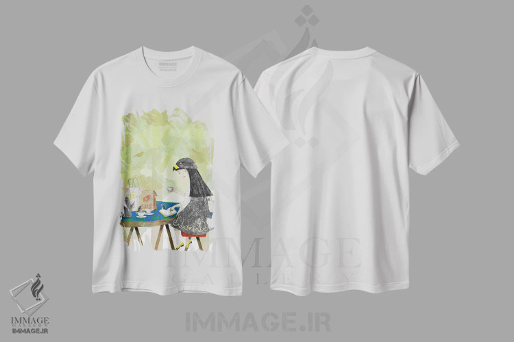 تیشرت سفید طرح دار کافه پرنده برگ، دکوراسیون جایگزین اثر هیرویوشی کوراوا | فروشگاه ایماژ