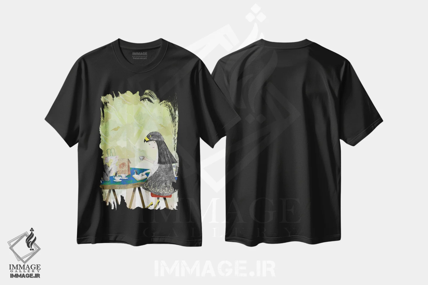 تیشرت مشکی طرح دار کافه پرنده برگ، دکوراسیون جایگزین اثر هیرویوشی کوراوا | immage.ir