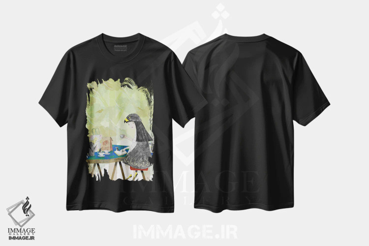 تیشرت مشکی طرح دار کافه پرنده برگ، دکوراسیون جایگزین اثر هیرویوشی کوراوا | immage.ir
