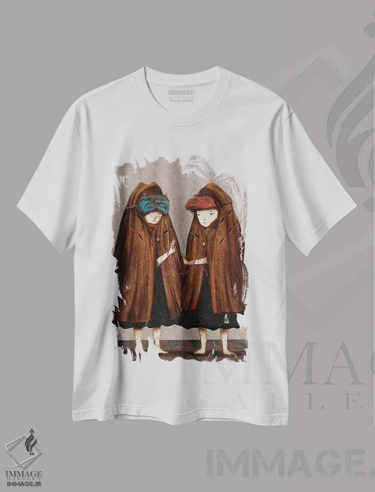 تیشرت سفید طرح دار نقاب شرابی، دکوراسیون جایگزین اثر هیرویوشی کوراوا | فروشگاه ایماژ