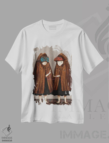 تیشرت سفید طرح دار نقاب شرابی، دکوراسیون جایگزین اثر هیرویوشی کوراوا | فروشگاه ایماژ