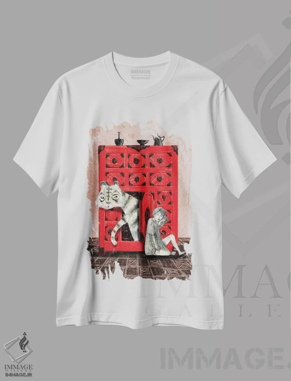 تیشرت سفید طرح دار ببر در سینه هلوئی، دکوراسیون جایگزین اثر هیرویوشی کوراوا | فروشگاه ایماژ