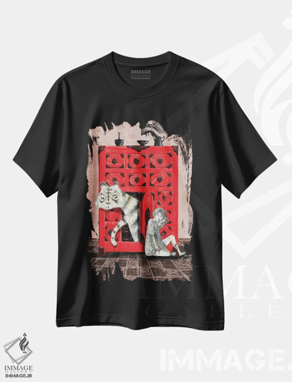 تیشرت مشکی طرح دار ببر در سینه هلوئی، دکوراسیون جایگزین اثر هیرویوشی کوراوا | immage.ir