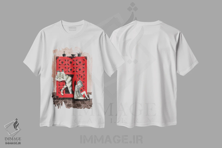 تیشرت سفید طرح دار ببر در سینه هلوئی، دکوراسیون جایگزین اثر هیرویوشی کوراوا | فروشگاه ایماژ