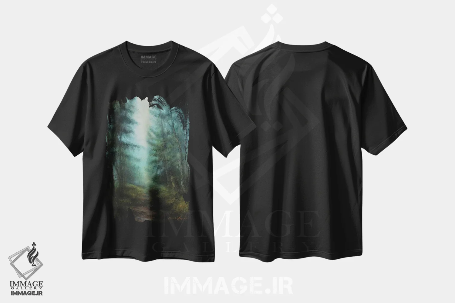 تیشرت مشکی طرح دار مه سبک در میان درختان، هنر فاخر اثر هانا کروین | فروشگاه ایماژ