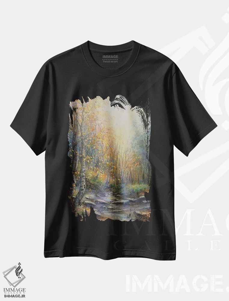 تیشرت مشکی طرح دار پرتوهای خورشید پاییزی در جنگل بر آب، تزئینی اثر هانا کروین | فروشگاه ایماژ