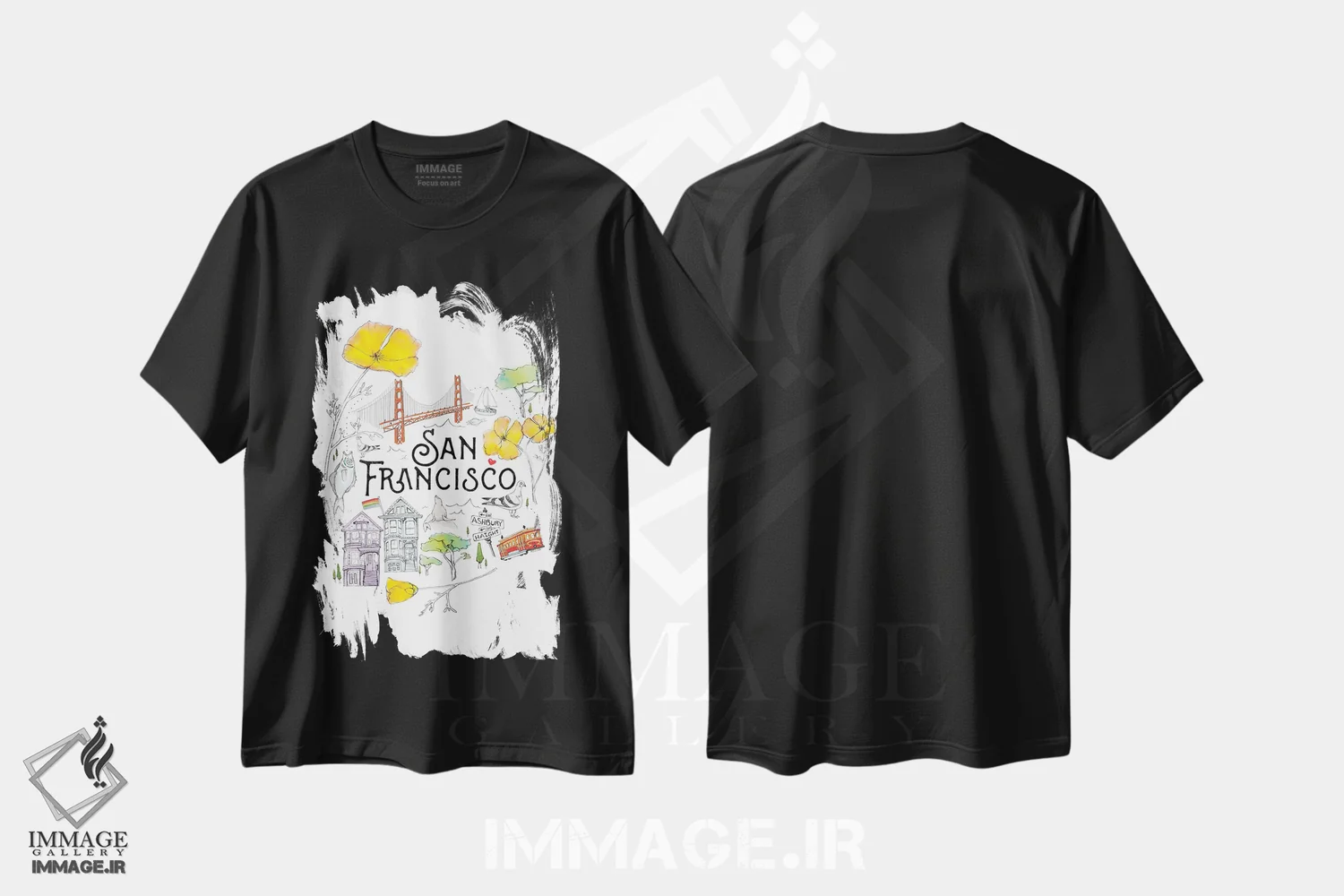 تیشرت مشکی طرح دار دوستان و همسایگان، سان فرانسیسکو، تزئینی اثر هدر لندیس | فروشگاه ایماژ