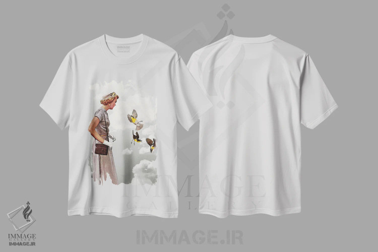 تیشرت سفید طرح دار بانوی خاکستری پوش، دکوراسیون جایگزین اثر هدر لندیس | فروشگاه ایماژ