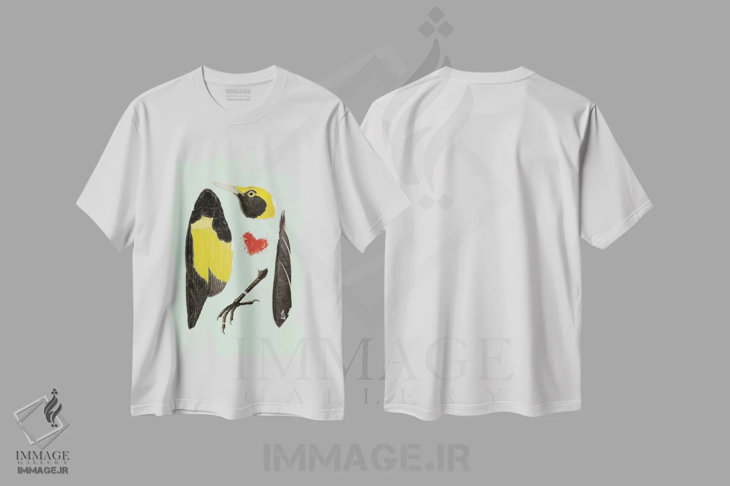 تیشرت سفید طرح دار پرنده، دکوراسیون جایگزین اثر هدر لندیس | فروشگاه ایماژ