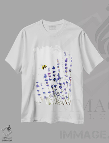 تیشرت سفید طرح دار اسطوخودوس و زنبور، هنر فاخر معاصر اثر هوم لایک آرت | فروشگاه ایماژ