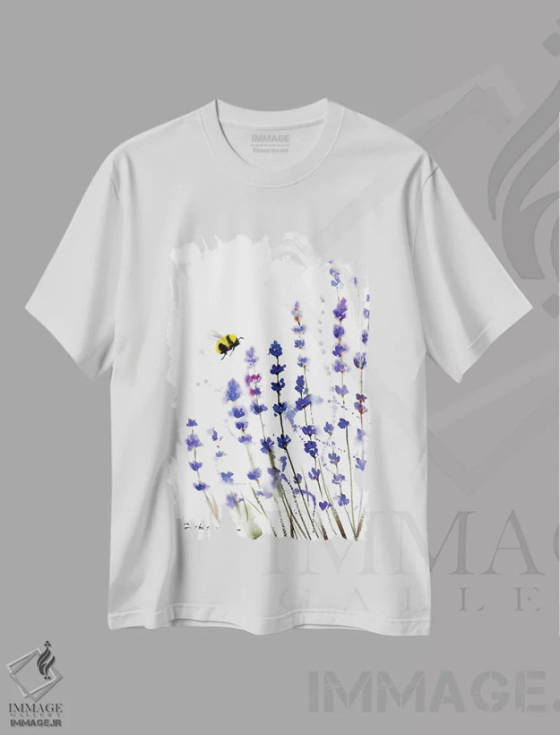 تیشرت سفید طرح دار اسطوخودوس و زنبور، هنر فاخر معاصر اثر هوم لایک آرت | فروشگاه ایماژ
