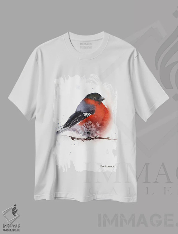 تیشرت سفید طرح دار پرنده سهره سرخی، هنر فاخر معاصر اثر هوم لایک آرت | immage.ir