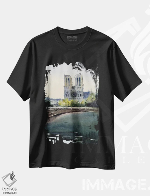 تیشرت مشکی طرح دار کلیسای نوتردام پاریس، هنر فاخر معاصر اثر هوم لایک آرت | فروشگاه ایماژ